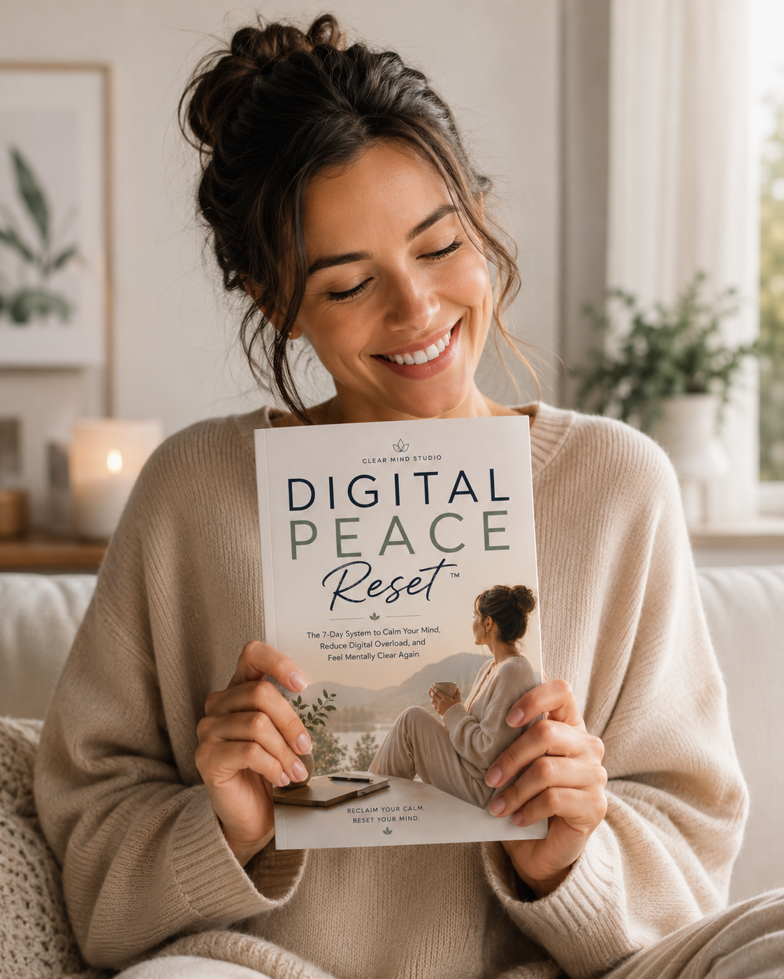 Woman smiling while holding the Digital Peace Reset book
